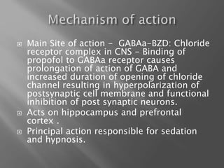 Main Site of action - GABAa-BZD: Chloride
receptor complex in CNS - Binding of
propofol to GABAa receptor causes
prolongation of action of GABA and
increased duration of opening of chloride
channel resulting in hyperpolarization of
postsynaptic cell membrane and functional
inhibition of post synaptic neurons.
 Acts on hippocampus and prefrontal
cortex .
 Principal action responsible for sedation
and hypnosis.
 