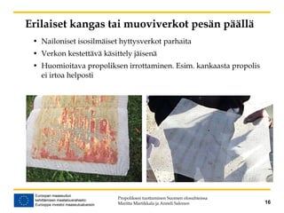 Erilaiset kangas tai muoviverkot pesän päällä
Propoliksen tuottaminen Suomen olosuhteissa
Maritta Martikkala ja Anneli Salonen 16
• Nailoniset isosilmäiset hyttysverkot parhaita
• Verkon kestettävä käsittely jäisenä
• Huomioitava propoliksen irrottaminen. Esim. kankaasta propolis
ei irtoa helposti
 