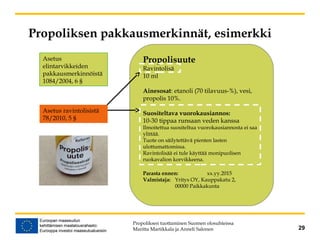 Propoliksen pakkausmerkinnät, esimerkki
Propoliksen tuottaminen Suomen olosuhteissa
Maritta Martikkala ja Anneli Salonen 29
Propolisuute
Ravintolisä
10 ml
Ainesosat: etanoli (70 tilavuus-%), vesi,
propolis 10%.
Suositeltava vuorokausiannos:
10-30 tippaa runsaan veden kanssa
Ilmoitettua suositeltua vuorokausiannosta ei saa
ylittää.
Tuote on säilytettävä pienten lasten
ulottumattomissa.
Ravintolisää ei tule käyttää monipuolisen
ruokavalion korvikkeena.
Parasta ennen: xx.yy.2015
Valmistaja: Yritys OY, Kauppakatu 2,
00000 Paikkakunta
Asetus
elintarvikkeiden
pakkausmerkinnöistä
1084/2004, 6 §
Asetus ravintolisistä
78/2010, 5 §
 