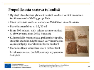 Propoliksesta saatava tulonlisä
•Hyvissä olosuhteissa yhdestä pesästä voidaan kerätä muovisen
keräimen avulla 30-50 g propolista
•Tästä määrästä voidaan valmistaa 250-400 ml etanoliuutetta
•Etanoliuutten hinta n. 6 €/10 ml
•Esim. 300 ml saisi näin tuloa suoramyynnissä
n. 180 € (vastaa noin 36 kg hunajaa)
•Kulupuolella huomioitava pakkaukset (pullo,
etiketti), etanolin käyttöluvan valvontamaksu,
valmistustyö ja markkinointikustannukset
•Etanoliuutteen valmistus vaatii maksulliset
luvat, osaamista , huolellisuutta ja myyminen
lisätyötä
35
Propoliksen tuottaminen Suomen olosuhteissa
Maritta Martikkala ja Anneli Salonen
 