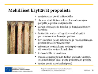 09.10.13 6
Mehiläiset käyttävät propolista
• suojelemaan pesää mikrobeilta
• ohuena desinfioivana kerroksena kennojen
pohjalla ja pesän sisäpinnoilla
• vahan seassa esim. toukka- ja hunajakennojen
kansissa
• lisäämään vahan sitkeyttä -> vaha kestää
paremmin esim. hunajan painoa
• tiivistämään pesän rakenteita ja muodostamaan
pesään ilmastointisysteemin
• tekemään lentoaukosta vedenpitävän ja
säätelemään lentoaukon kokoa
• lentoaukolla ovimattona
• muumioimaan pesään tulleet vieraat eläinlajit,
joita mehiläiset eivät pysty poistamaan pesästä
• suojaa pesää valolta (lasipesä)
Propoliksen tuottaminen Suomen olosuhteissa
Maritta Martikkala ja Anneli Salonen 6
 