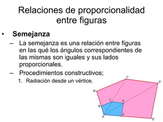 Relaciones de proporcionalidad entre figuras Semejanza La semejanza es una relación entre figuras en las qué los ángulos correspondientes de las mismas son iguales y sus lados proporcionales. Procedimientos constructivos; Radiación desde un vértice. 