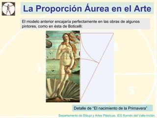 La Proporción Áurea en el Arte Departamento de Dibujo y Artes Plásticas. IES Ramón del Valle-Inclán. El modelo anterior encajaría perfectamente en las obras de algunos pintores, como en ésta de Boticelli: Detalle de “El nacimiento de la Primavera” 