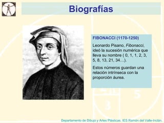 Biografías Departamento de Dibujo y Artes Plásticas. IES Ramón del Valle-Inclán. FIBONACCI (1170-1250) Leonardo Pisano,  Fibonacci , ideó la sucesión numérica que lleva su nombre ( 0, 1, 1, 2, 3, 5, 8, 13, 21, 34…). Estos números guardan una relación intrínseca con la proporción áurea. 