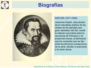Biografías Departamento de Dibujo y Artes Plásticas. IES Ramón del Valle-Inclán. KEPLER (1571-1630) Johannes Kepler, descubridor de la naturaleza elíptica de las órbitas de los planetas que giran alrededor del Sol, reveló la relación que había entre la secuencia de Fibonacci y la proporción áurea, al demostrar que los cocientes que se dan entre los términos consecutivos de la serie, tienden a acercarse a la razón áurea. 