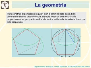 La geometría Departamento de Dibujo y Artes Plásticas. IES Ramón del Valle-Inclán. Para construir el pentágono regular, bien a partir del lado base, bien circunscrito en una circunferencia, siempre tenemos que recurrir a la proporción áurea, porque todos los elementos están relacionados entre sí por esta proporción: 