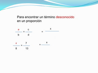 Para encontrar un término desconocidoen un proporciónxac==bdxx7==813