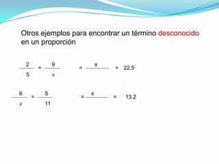 Otros ejemplos para encontrar un término desconocidoen un proporción29x===22.55x65x===13.2x11