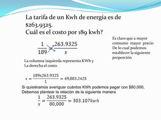 La tarifa de un Kwh de energía es de $263.9325. Cuál es el costo por 189 kwh?Es claro que a mayor  consumo  mayor  precioDe lo cual podemos establecer la siguiente proporciónLa columna izquierda representa KWh y La derecha el costo.Si quisiéramos averiguar cuántos KWh podemos pagar con $80,000, Debemos plantear la relación de la siguiente manera