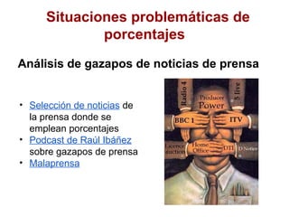 Situaciones problemáticas de
             porcentajes
Análisis de gazapos de noticias de prensa


• Selección de noticias de
  la prensa donde se
  emplean porcentajes
• Podcast de Raúl Ibáñez
  sobre gazapos de prensa
• Malaprensa
 