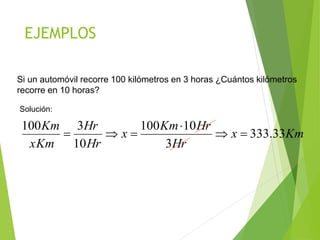 EJEMPLOS
Si un automóvil recorre 100 kilómetros en 3 horas ¿Cuántos kilómetros
recorre en 10 horas?
Solución:
Km
x
Hr
Hr
Km
x
Hr
Hr
xKm
Km
33
.
333
3
10
100
10
3
100






 