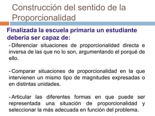 Construcción del sentido de la
Proporcionalidad
Finalizada la escuela primaria un estudiante
debería ser capaz de:
- Diferenciar situaciones de proporcionalidad directa e
inversa de las que no lo son, argumentando el porqué de
ello.
- Comparar situaciones de proporcionalidad en la que
intervienen un mismo tipo de magnitudes expresadas o
en distintas unidades.
- Articular las diferentes formas en que puede ser
representada una situación de proporcionalidad y
seleccionar la más adecuada en función del problema.
 
