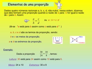 Dados quatro números racionais a, b, c, d, não-nulos, nessa ordem, dizemos que eles formam uma proporção quando   a razão de  a  para  b  for igual à razão de  c  para  d . Assim: Elementos de uma proporção ou   a : b = c :d (lê-se  “ a  está para  b  assim como  c  está para  d   “  ) a, b, c  e  d   são os termos da proporção, sendo: b  e  c  os meios da proporção.   a  e  d  os extremos da proporção.  Exemplo: Dada a proporção  , temos:   Leitura :  30  está para  24  assim como  10  está para  8 . Meios :  24 e 10          Extremos :  30 e 8 