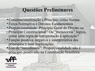 Questões Preliminares

  Constitucionalização e Princípio como Norma

  Força Normativa e Direitos Fundamentais

  Proporcionalidade: Princípio Geral do Direito ou
  Princípio Constitucional? Ou “metanorma” lógica,
  como uma regra de interpretação e aplicação?

  Função positiva, negativa e interpretativa dos
  princípios e suas implicações

  Uso de “sucedâneos”: Proporcionalidade não é
  princípio positivado na Constituição brasileira
 