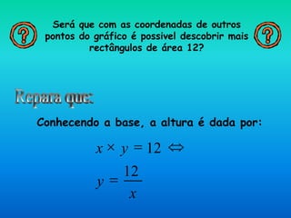 Será que com as coordenadas de outros
pontos do gráfico é possivel descobrir mais
rectângulos de área 12?
Conhecendo a base, a altura é dada por:
x
y
12
=
=yx 12
 