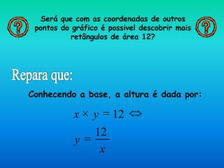Será que com as coordenadas de outros
pontos do gráfico é possivel descobrir mais
retângulos de área 12?
Conhecendo a base, a altura é dada por:
x
y
12
yx 12
 