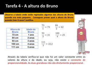 Observa a tabela onde estão registadas algumas das alturas do Bruno
quando era mais pequeno. Consegues prever qual a altura do Bruno
quando tiver 8 anos? Justifica.




  Através da tabela verifica-se que não há um valor constante entre os
  valores da altura e da idade, ou seja, não existe a constante de
  proporcionalidade. As duas grandezas não são diretamente proporcional.
 
