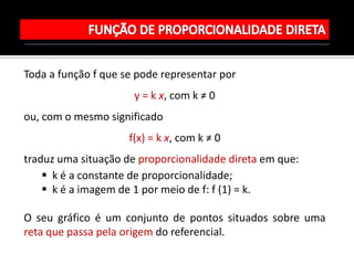 Toda a função f que se pode representar por
                      y = k x, com k ≠ 0
ou, com o mesmo significado
                     f(x) = k x, com k ≠ 0
traduz uma situação de proporcionalidade direta em que:
     k é a constante de proporcionalidade;
     k é a imagem de 1 por meio de f: f (1) = k.

O seu gráfico é um conjunto de pontos situados sobre uma
reta que passa pela origem do referencial.
 