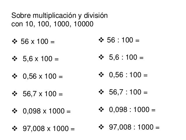 Resultado de imagen de ejercicios multiplicar y dividir por 10 100 y 1000