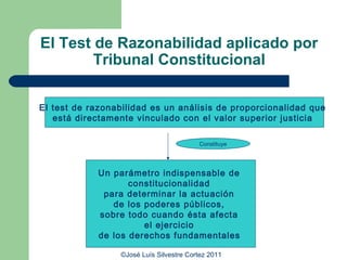 El Test de Razonabilidad aplicado por
        Tribunal Constitucional

El test de razonabilidad es un análisis de proporcionalidad que
   está directamente vinculado con el valor superior justicia

                                         Constituye




            Un parámetro indispensable de
                   constitucionalidad
             para determinar la actuación
               de los poderes públicos,
            sobre todo cuando ésta afecta
                      el ejercicio
            de los derechos fundamentales

                 ©José Luís Silvestre Cortez 2011
 