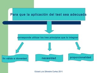 Para que la aplicación del test sea adecuada




             corresponde utilizar los tres principios que lo integran




fin válido e idoneidad              necesidad                  proporcionalidad




                            ©José Luís Silvestre Cortez 2011
 
