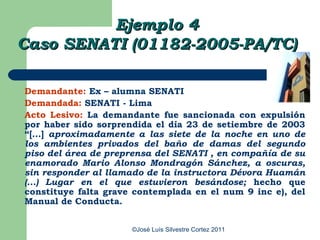 Ejemplo 4
Caso SENATI (01182-2005-PA/TC)

Demandante: Ex – alumna SENATI
Demandada: SENATI - Lima
Acto Lesivo: La demandante fue sancionada con expulsión
por haber sido sorprendida el día 23 de setiembre de 2003
“[...] aproximadamente a las siete de la noche en uno de
los ambientes privados del baño de damas del segundo
piso del área de preprensa del SENATI , en compañía de su
enamorado Mario Alonso Mondragón Sánchez, a oscuras,
sin responder al llamado de la instructora Dévora Huamán
(...) Lugar en el que estuvieron besándose; hecho que
constituye falta grave contemplada en el num 9 inc e), del
Manual de Conducta.


                      ©José Luís Silvestre Cortez 2011
 
