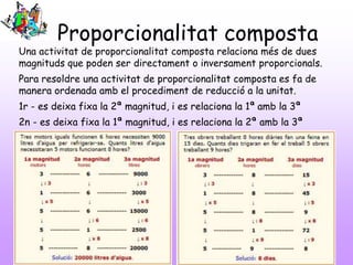 Proporcionalitat composta
Una activitat de proporcionalitat composta relaciona més de dues
magnituds que poden ser directament o inversament proporcionals.
Para resoldre una activitat de proporcionalitat composta es fa de
manera ordenada amb el procediment de reducció a la unitat.
1r - es deixa fixa la 2ª magnitud, i es relaciona la 1ª amb la 3ª
2n - es deixa fixa la 1ª magnitud, i es relaciona la 2ª amb la 3ª
 