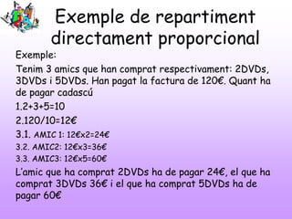 Exemple de repartiment
directament proporcional
Exemple:
Tenim 3 amics que han comprat respectivament: 2DVDs,
3DVDs i 5DVDs. Han pagat la factura de 120€. Quant ha
de pagar cadascú
1.2+3+5=10
2.120/10=12€
3.1. AMIC 1: 12€x2=24€
3.2. AMIC2: 12€x3=36€
3.3. AMIC3: 12€x5=60€
L’amic que ha comprat 2DVDs ha de pagar 24€, el que ha
comprat 3DVDs 36€ i el que ha comprat 5DVDs ha de
pagar 60€
 