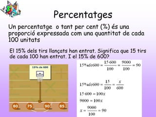 Percentatges
Un percentatge o tant per cent (%) és una
proporció expressada com una quantitat de cada
100 unitats
El 15% dels tirs llançats han entrat. Significa que 15 tirs
de cada 100 han entrat. I el 15% de 600?
 