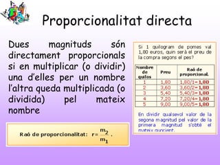 Proporcionalitat directa
Dues magnituds són
directament proporcionals
si en multiplicar (o dividir)
una d’elles per un nombre
l’altra queda multiplicada (o
dividida) pel mateix
nombre
 