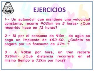 EJERCICIOS 1 .- Un automóvil que mantiene una velocidad constante, recorre 400km en 5 horas. ¿Qué recorrido hace en 12 horas? 2.- Si por el consumo de 40m  de agua se paga un impuesto de $53.60, ¿Cuánto se pagará por un consumo de 37m   ? 3.- A 40km por hora, un tren recorre 320km. ¿Qué distancia recorrerá en el mismo tiempo a 72km por hora? 3 3 