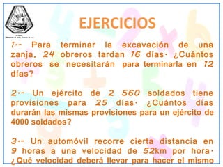 1 .- Para terminar la excavación de una zanja, 24 obreros tardan 16 días. ¿Cuántos obreros se necesitarán  para terminarla  en 12 días? 2.- Un ejército de 2 560 soldados tiene provisiones para 25 días. ¿Cuántos días  durarán las mismas provisiones para un ejército de 4000 soldados? 3.- Un automóvil recorre cierta distancia en 9 horas a una velocidad de 52km por hora. ¿ Qué velocidad deberá llevar para hacer el mismo recorrido en 6 horas? EJERCICIOS 