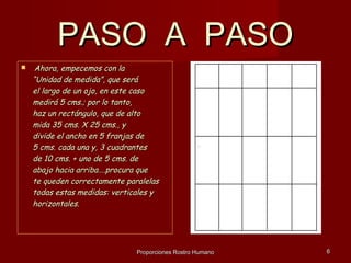 PASO A PASO
   Ahora, empecemos con la
    “Unidad de medida”, que será
    el largo de un ojo, en este caso
    medirá 5 cms.; por lo tanto,
    haz un rectángulo, que de alto
    mida 35 cms. X 25 cms., y
    divide el ancho en 5 franjas de
    5 cms. cada una y, 3 cuadrantes
    de 10 cms. + uno de 5 cms. de
    abajo hacia arriba….procura que
    te queden correctamente paralelas
    todas estas medidas: verticales y
    horizontales.




                               Proporciones Rostro Humano   6
 