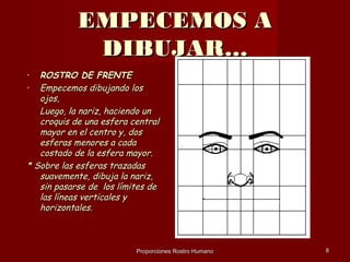 EMPECEMOS A
             DIBUJAR…
•  ROSTRO DE FRENTE
• Empecemos dibujando los
   ojos,
   Luego, la nariz, haciendo un
   croquis de una esfera central
   mayor en el centro y, dos
   esferas menores a cada
   costado de la esfera mayor.
* Sobre las esferas trazadas
   suavemente, dibuja la nariz,
   sin pasarse de los límites de
   las líneas verticales y
   horizontales.



                          Proporciones Rostro Humano   8
 