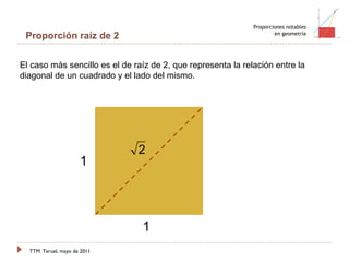 TTM   Teruel, mayo de 2011 Proporciones notables en geometría Proporción raíz de 2 El caso más sencillo es el de raíz de 2, que representa la relación entre la diagonal de un cuadrado y el lado del mismo. 1 1 