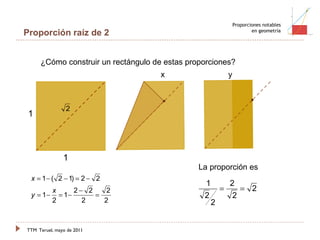 TTM   Teruel, mayo de 2011 Proporciones notables en geometría Proporción raíz de 2 ¿Cómo construir un rectángulo de estas proporciones?  1 1 x y La proporción es 