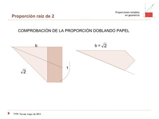 TTM   Teruel, mayo de 2011 Proporciones notables en geometría Proporción raíz de 2 COMPROBACIÓN DE LA PROPORCIÓN DOBLANDO PAPEL 1 b b = 
