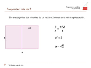 TTM   Teruel, mayo de 2011 Proporciones notables en geometría Proporción raíz de 2 Sin embargo las dos mitades de un raiz de 2 tienen esta misma proporción.  a 1 a/2 