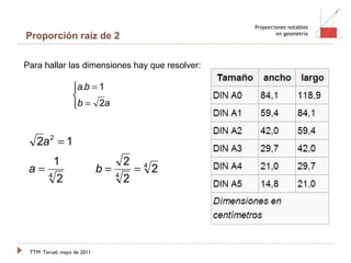 TTM   Teruel, mayo de 2011 Proporciones notables en geometría Proporción raíz de 2 Para hallar las dimensiones hay que resolver: 