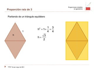 TTM   Teruel, mayo de 2011 Proporciones notables en geometría Proporción raíz de 3 1 h Partiendo de un triángulo equilátero 