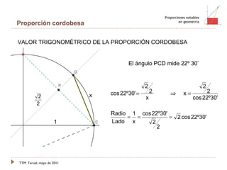 TTM   Teruel, mayo de 2011 Proporciones notables en geometría Proporción cordobesa VALOR TRIGONOMÉTRICO DE LA PROPORCIÓN CORDOBESA x 1 El ángulo PCD mide 22º 30’ 