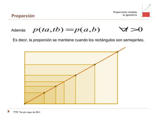 TTM   Teruel, mayo de 2011 Proporciones notables en geometría Proporción Además  Es decir, la proporción se mantiene cuando los rectángulos son semejantes. 