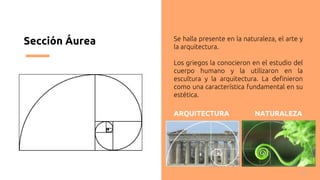 Sección Áurea
11
Se halla presente en la naturaleza, el arte y
la arquitectura.
Los griegos la conocieron en el estudio del
cuerpo humano y la utilizaron en la
escultura y la arquitectura. La definieron
como una característica fundamental en su
estética.
ARQUITECTURA NATURALEZA
 