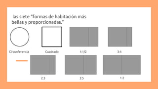 las siete “formas de habitación más
bellas y proporcionadas.’'
Circunferencia Cuadrado 1:1/2 3:4
1:22:3 3:5
 