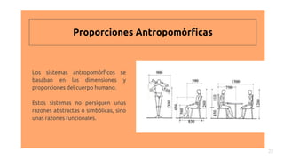 Los sistemas antropomórficos se
basaban en las dimensiones y
proporciones del cuerpo humano.
Estos sistemas no persiguen unas
razones abstractas o simbólicas, sino
unas razones funcionales.
22
Proporciones Antropomórficas
 