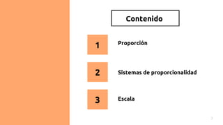 Contenido
3
Escala
Proporción
Sistemas de proporcionalidad
1
2
3
 