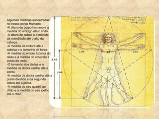 Algumas medidas encontradas no nosso corpo Humano -A altura do corpo humano e a medida do umbigo até o chão. -A altura do crânio e a medida da mandíbula até o alto da cabeça. -A medida da cintura até a cabeça e o tamanho do tórax. -A medida do ombro à ponta do dedo e a medida do cotovelo à ponta do dedo. -O tamanho dos dedos e a medida da dobra central até a ponta. -A medida da dobra central até a ponta dividido e da segunda dobra até a ponta. -A medida do seu quadril ao chão e a medida do seu joelho até o chão. 