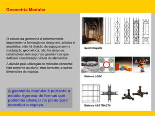 Geometria Modular
O estudo da geometria é extremamente
importante na formação de designers, artistas e
arquitetos: não há divisão de espaços sem a
modulação geométrica; não há sistemas
construtivos sem suportes geométricos que
definam a localização virtual de elementos.
A divisão pela utilização de módulos concerne
não somente ao plano, mas também, a outras
dimensões do espaço.
Saint Chapelle
Sistema LEGO
Sistema ABSTRACTA
A geometria modular é portanto o
estudo rigoroso de formas que
podemos planejar no plano para
conceber o espaço.
 