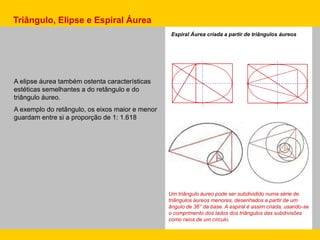 A elipse áurea também ostenta características
estéticas semelhantes a do retângulo e do
triângulo áureo.
A exemplo do retângulo, os eixos maior e menor
guardam entre si a proporção de 1: 1.618
Um triângulo áureo pode ser subdividido numa série de
triângulos áureos menores, desenhados a partir de um
ângulo de 36° da base. A espiral é assim criada, usando-se
o comprimento dos lados dos triângulos das subdivisões
como raios de um círculo.
Triângulo, Elipse e Espiral Áurea
Espiral Áurea criada a partir de triângulos áureos
 