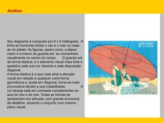 Seu diagrama é composto por 6 x 6 retângulos. A
linha do horizonte divide o céu e o mar na meta-
de do pôster. As figuras, assim como, a elipse
maior e a menor do guarda-sol se concentram
visualmente no centro do cartaz. O guarda-sol,
de forma elíptica, é o elemento visual mais forte e
apelativo pela sua cor vibrante e pela disposição
diagonal.
A forma elíptica é a que mais atrai a atenção
visual em relação a qualquer outra forma
geométrica e, posta em diagonal, torna-se mais
provocativa devido a sua instabilidade. A
cor laranja está em contraste complementar ao
azul do céu e do mar. Todas as formas se
apresentam em silhueta, com grande economia
de detalhes, situando o conjunto num mesmo
plano visual.
Análise
 
